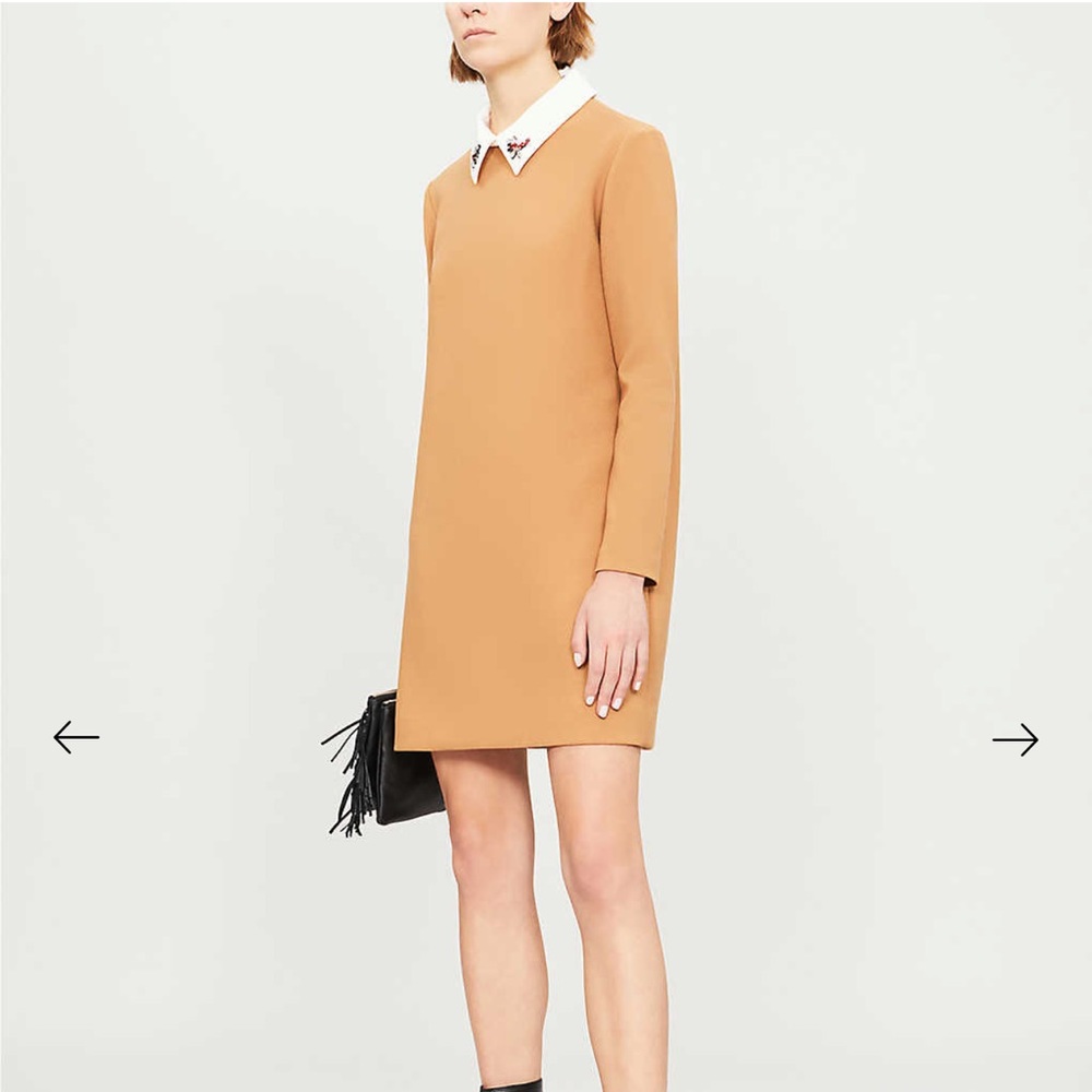 Maje Ragone Embellished-collar Twill Mini Dress in Camel
